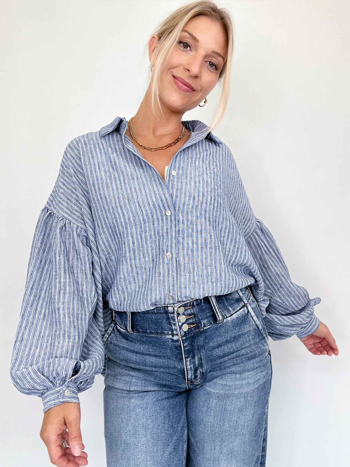 Macie Balloon Sleeve Stripe Shirt Blue