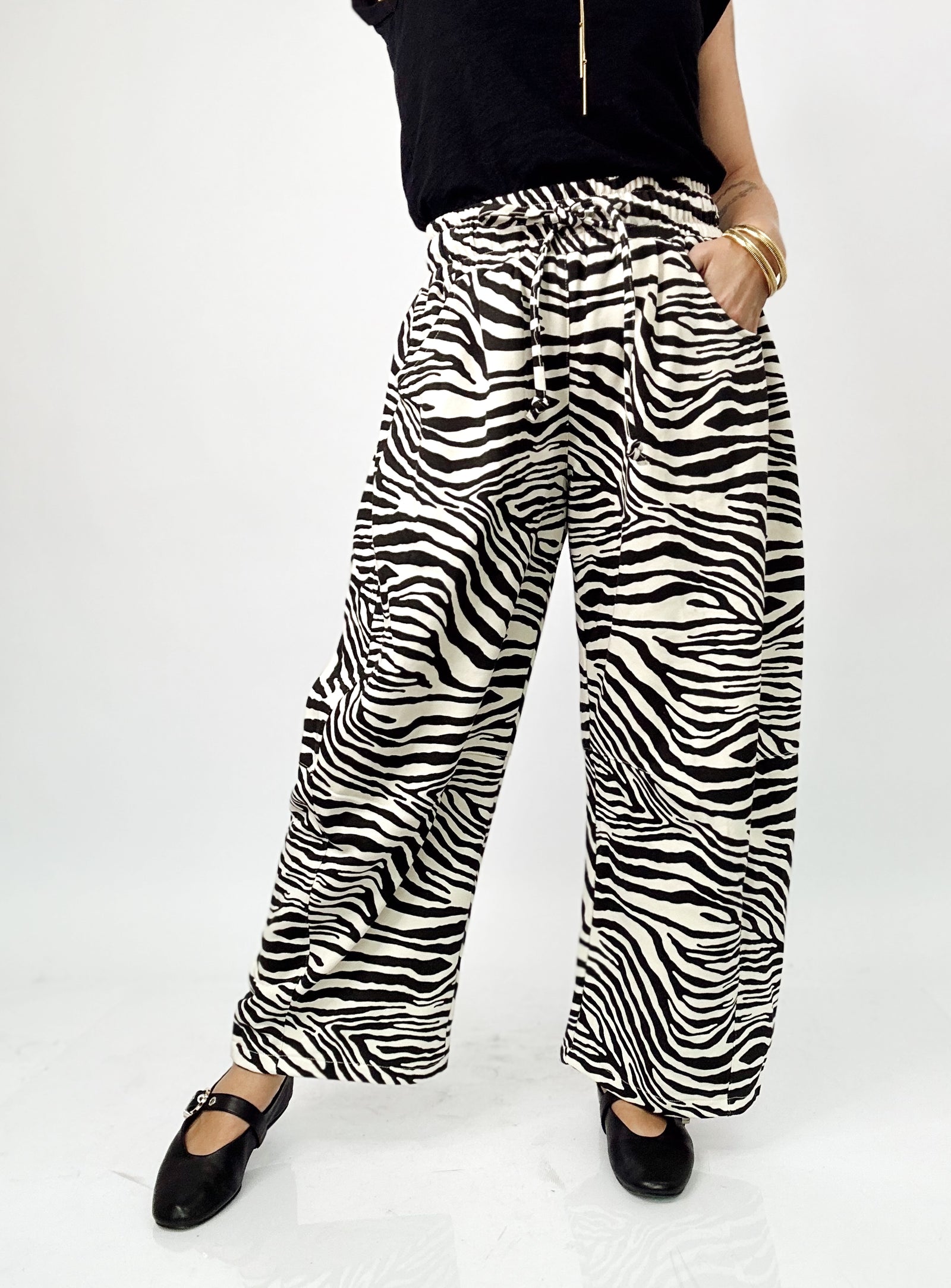 Lou Zebra Print Barrel Leg Pants Black/Tan
