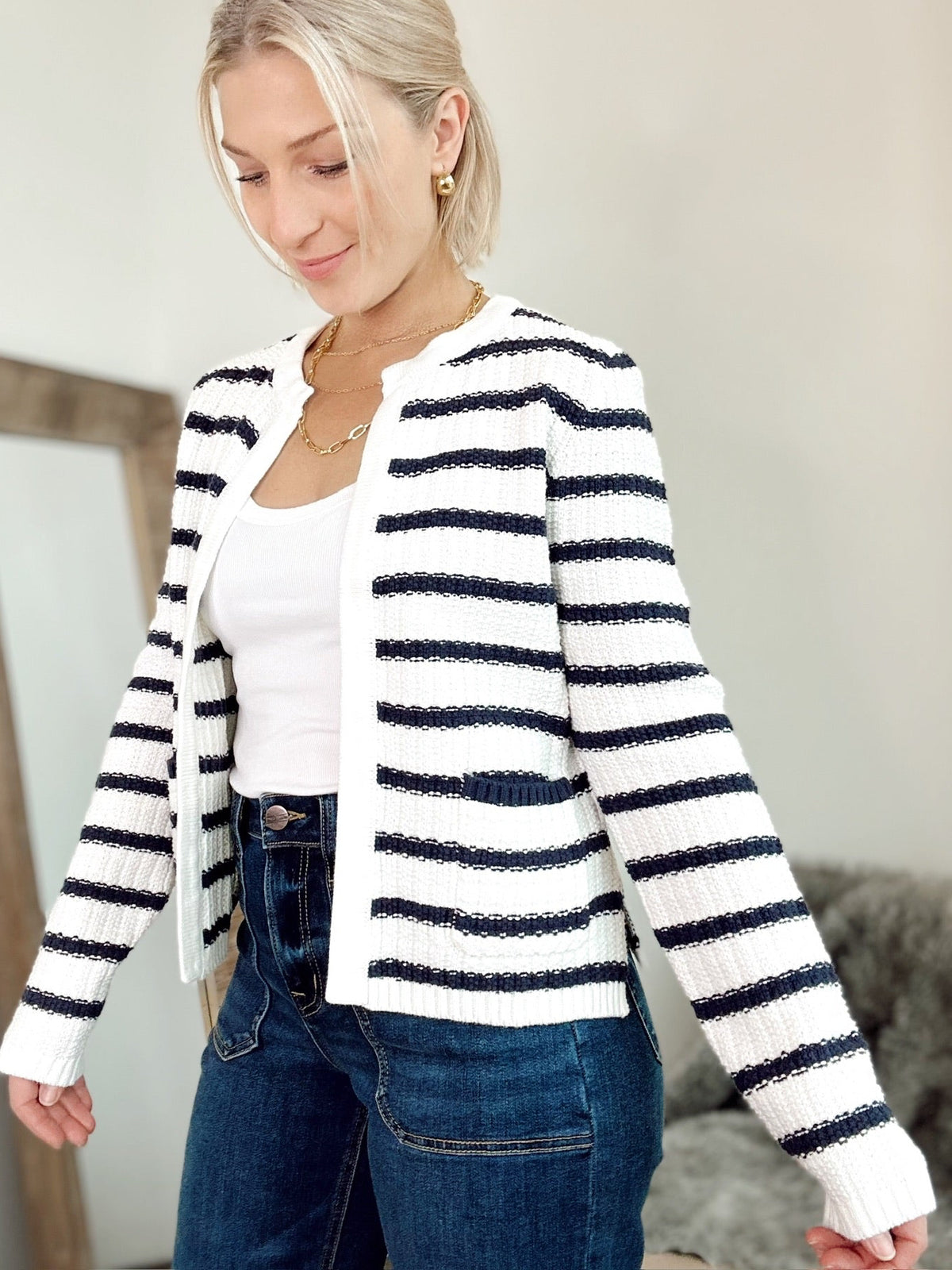 Tara Stripe Open Cardigan Navy