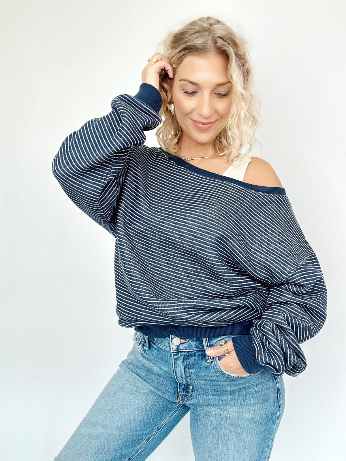 Jolene Striped Off The Shoulder Sweatshirt Navy