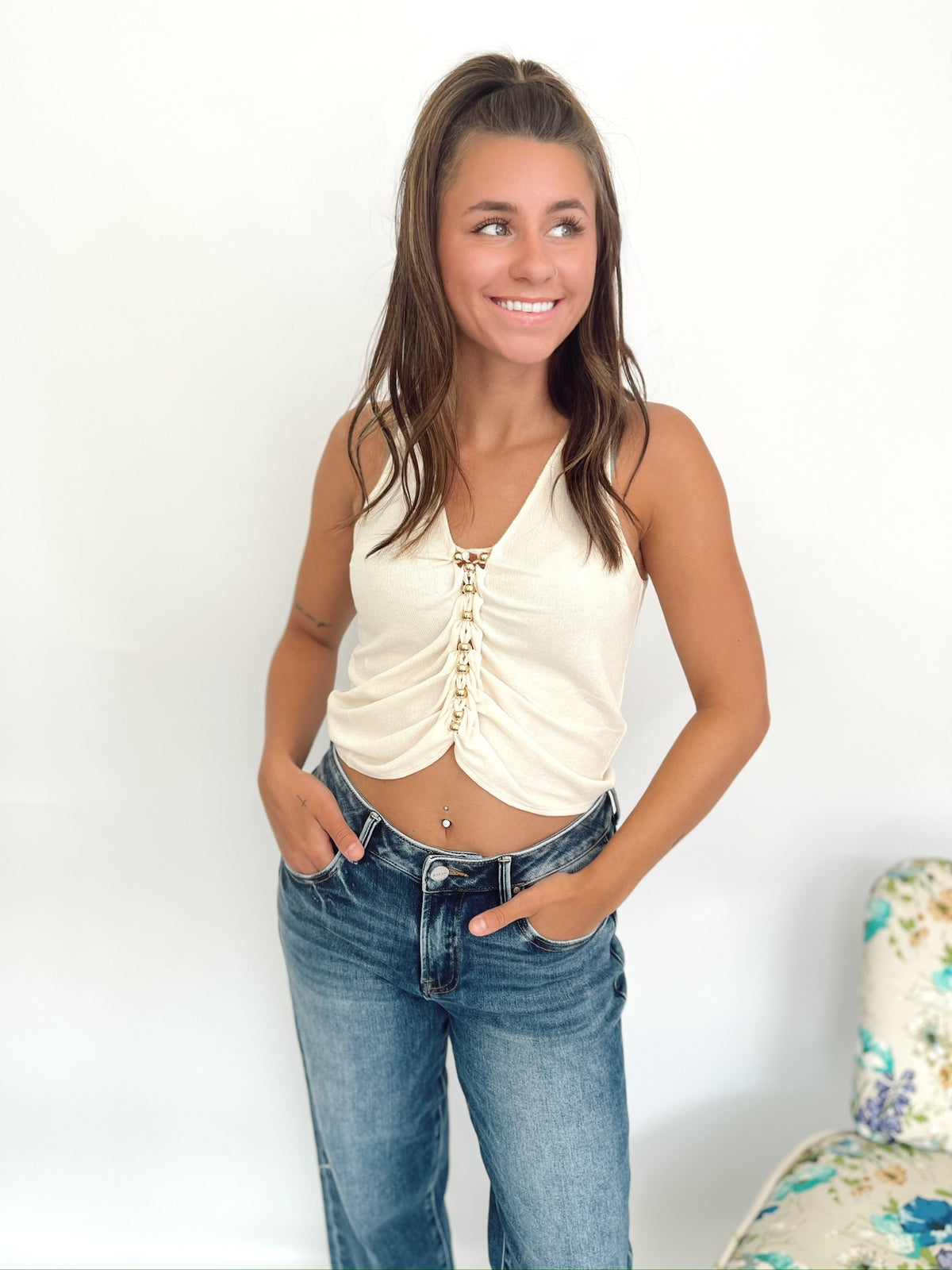 Janice Embellished Ruched Tank Top Ecru