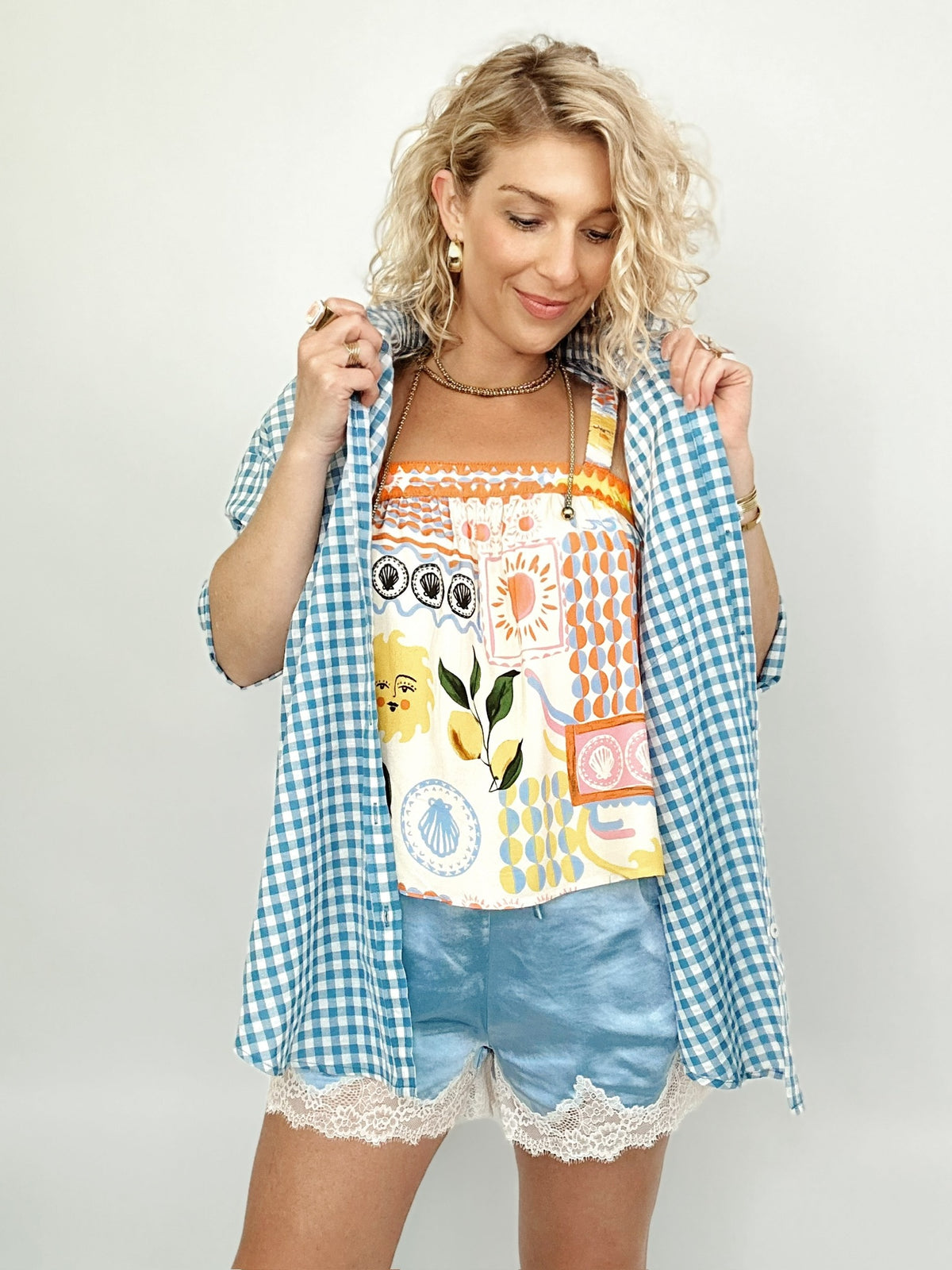 Gigi Lace Trimmed Satin Shorts Chambray
