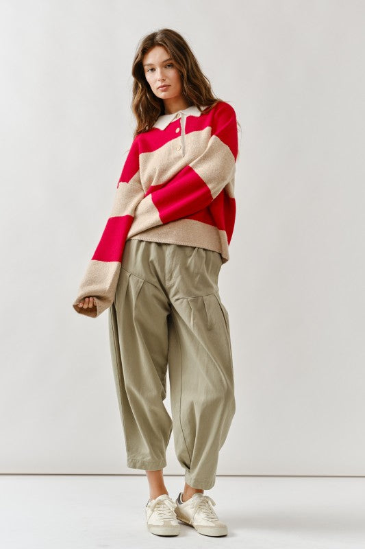 Jamie Striped Polo Sweater Taupe/Red