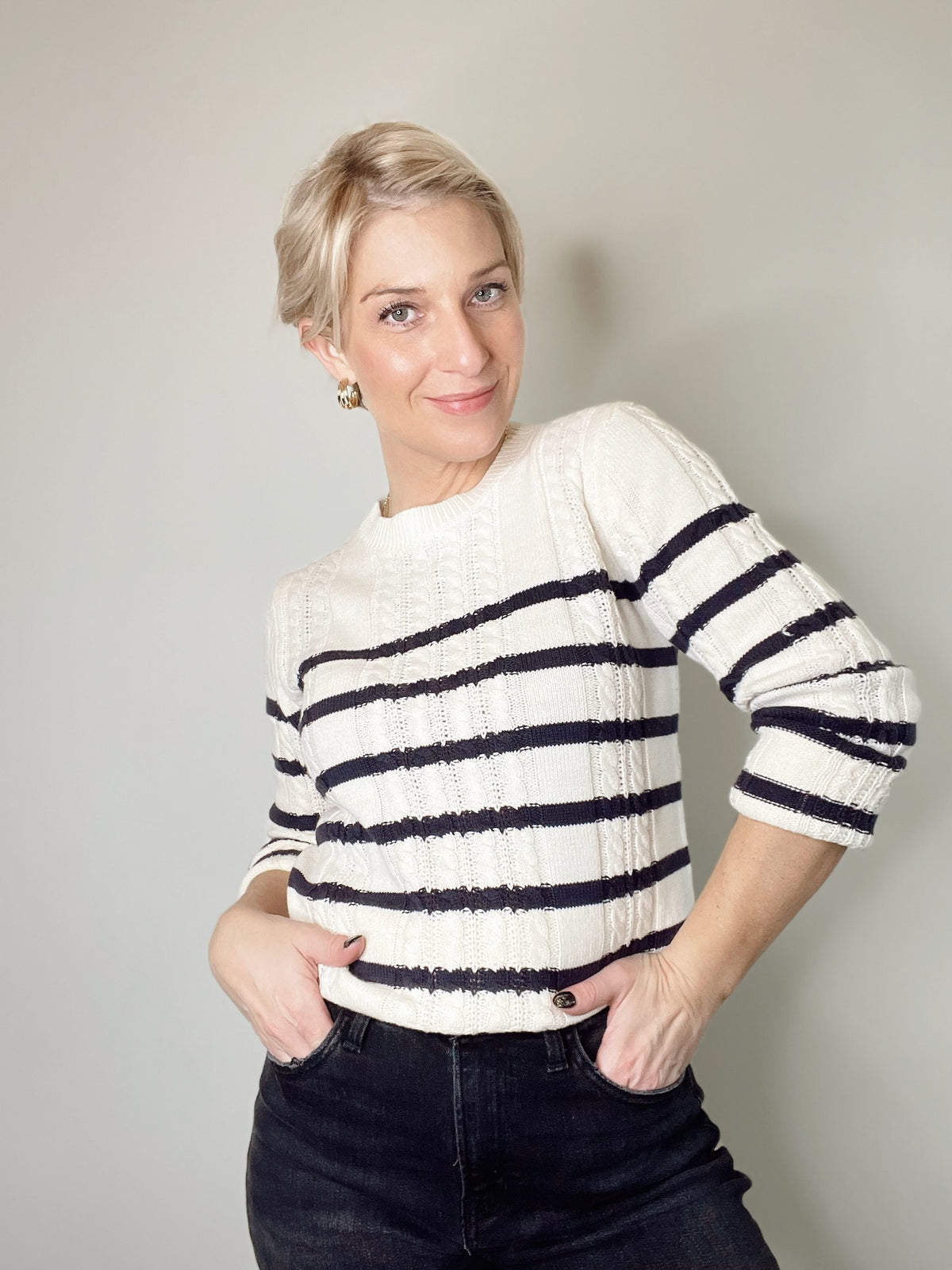 Stevie Classic  Cable Knit Striped Sweater