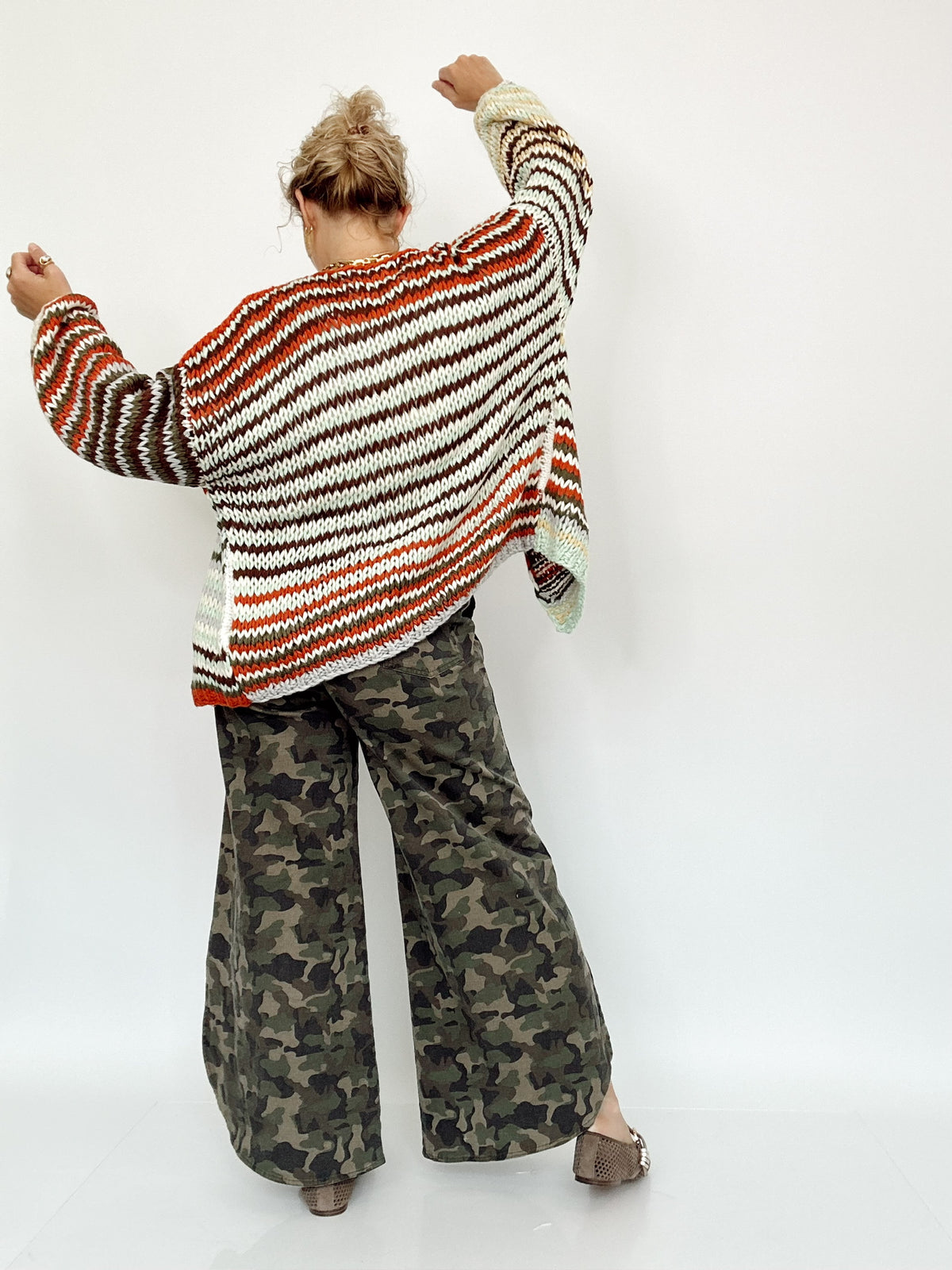 Kim Multi Stripe Chunky Knit Cardigan Rust