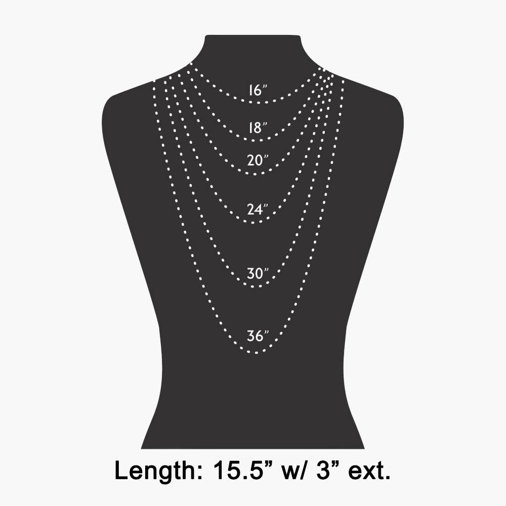 Mannequin with layered necklaces showing measurement details on a white background