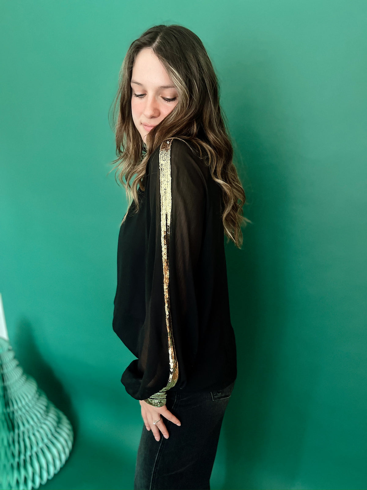 Isabella Raglan Sequin Chiffon Top Black