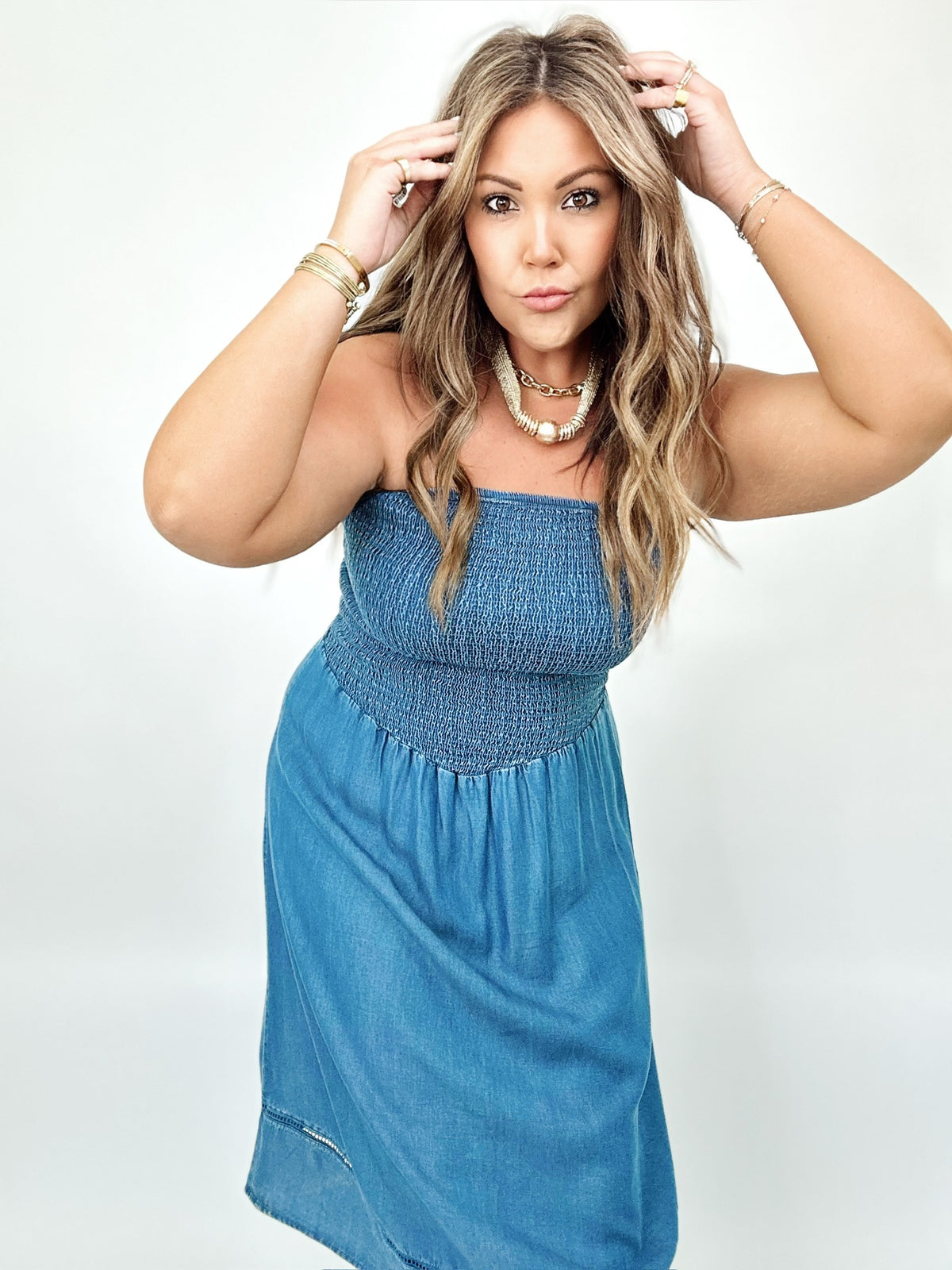 Ava Smocked Strapless Denim Midi Dress Blue