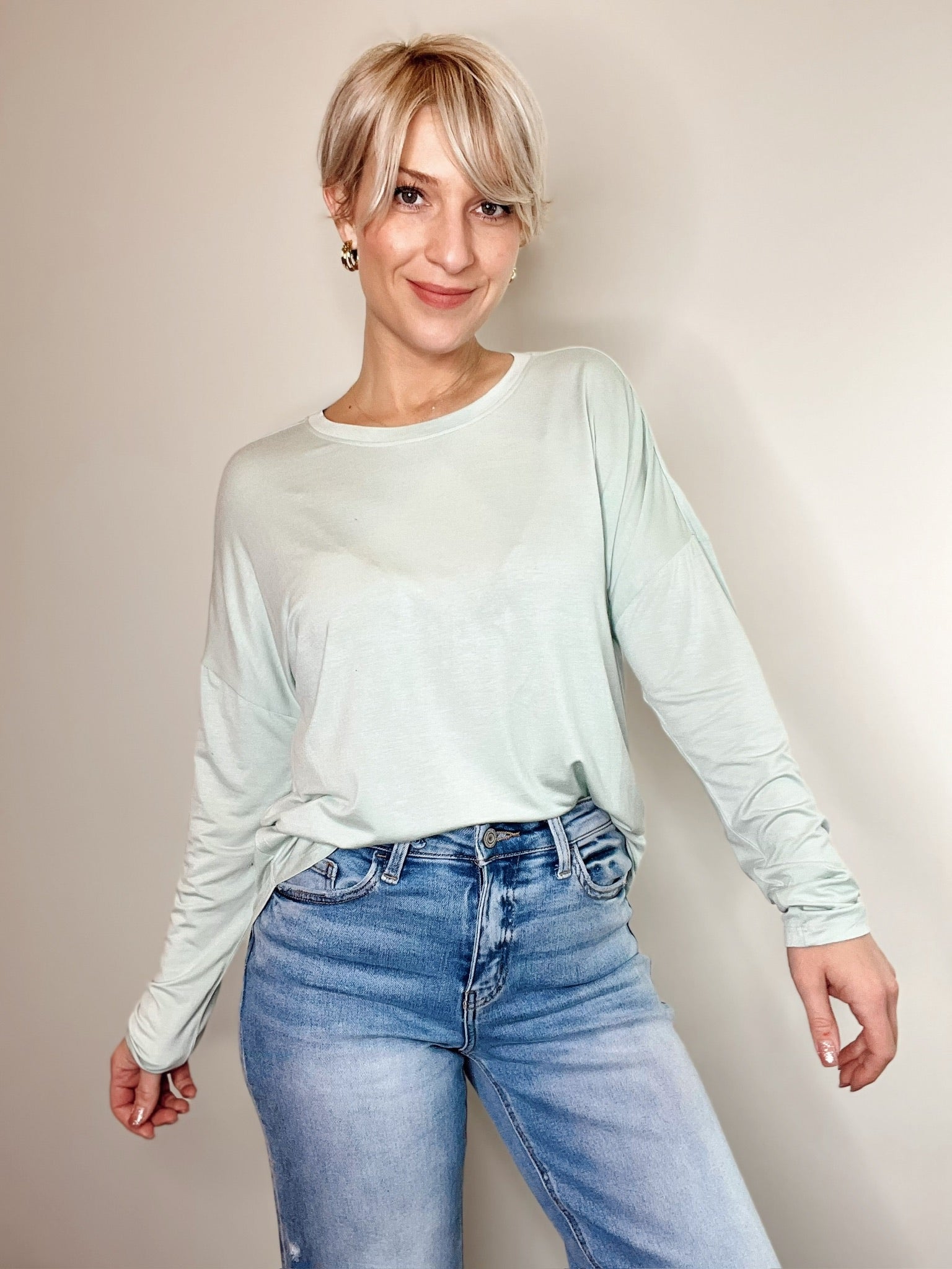 Solanna Round Neck Long Sleeve Top Mint