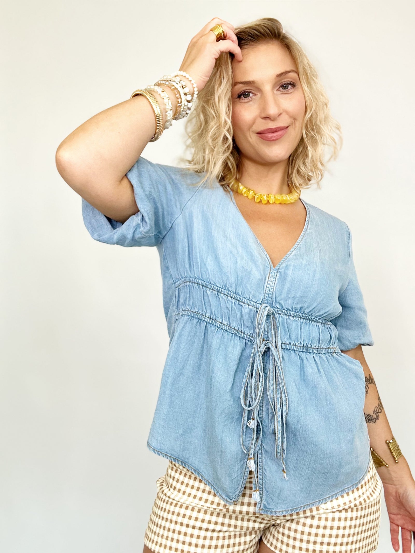 Kendall Bubble Sleeve Chambray Denim Top Light