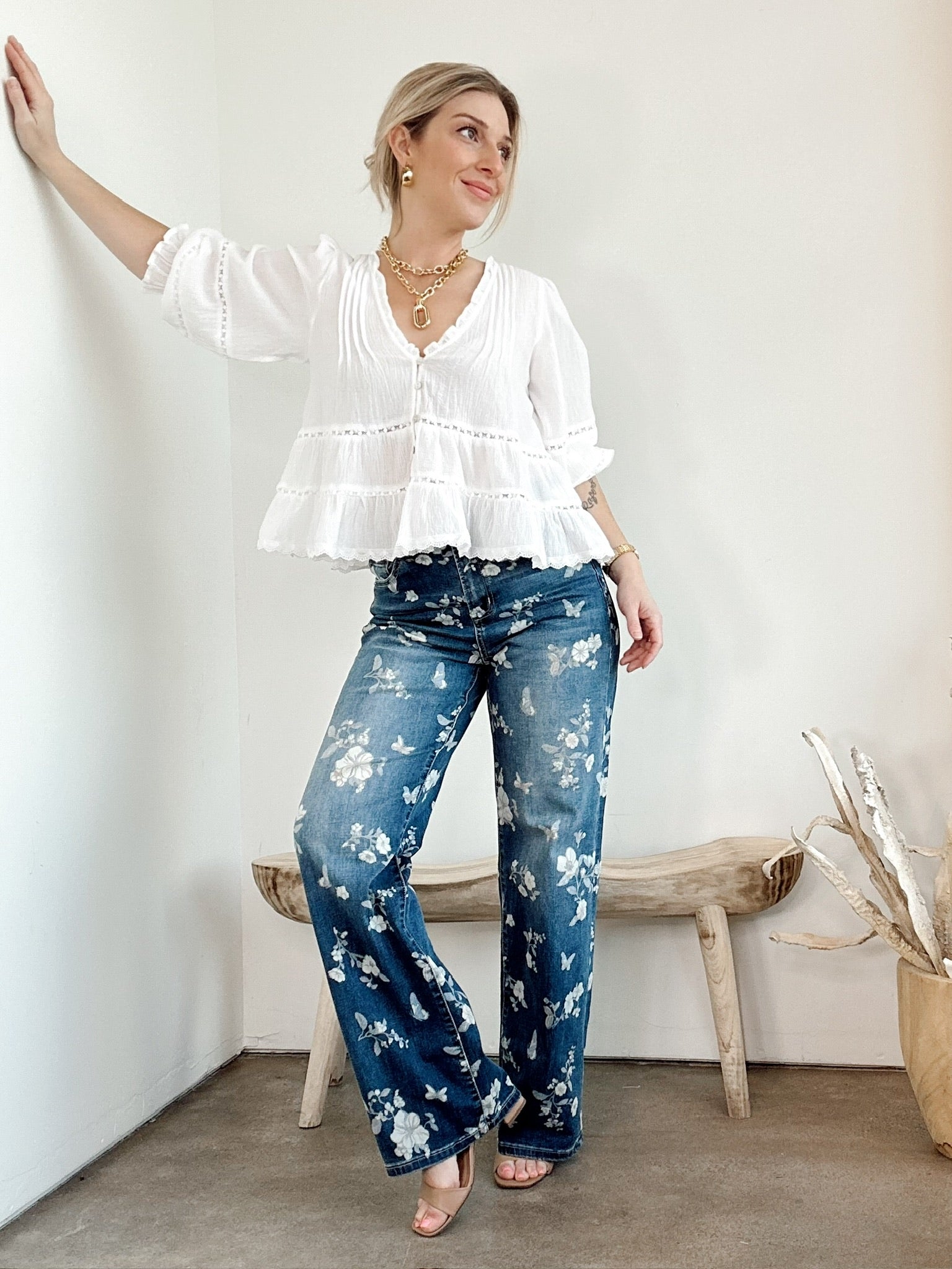 Joey Floral High Rise Wide Leg Jeans