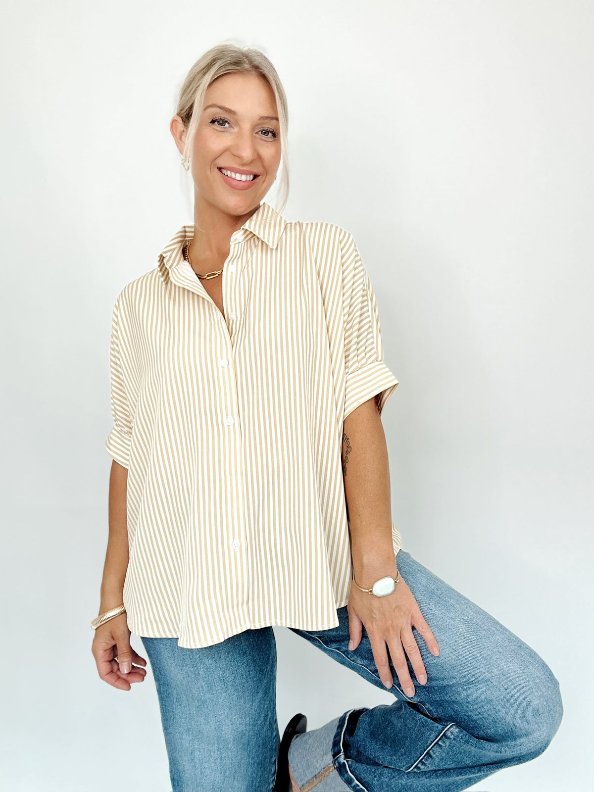 Ellen Button Down Stripe Shirt Taupe