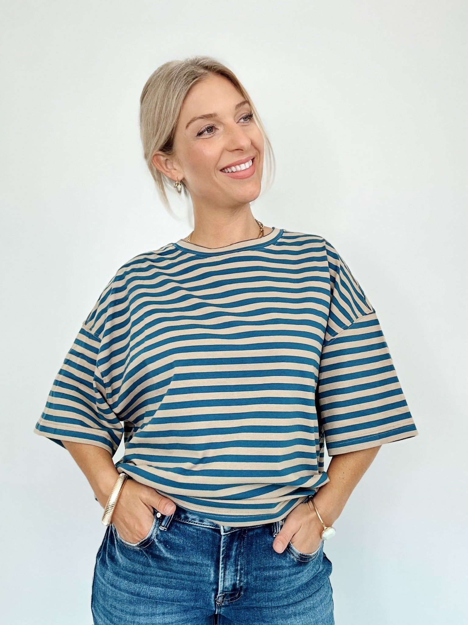 Vivian Stripe Oversized Boyfriend Tee Tan