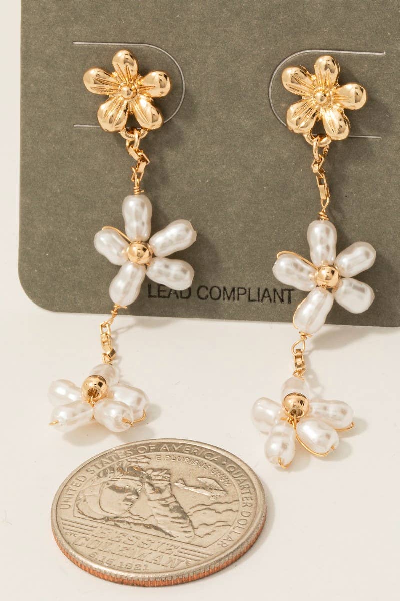 Pearl Beaded Flower Chain Dangle Earrings