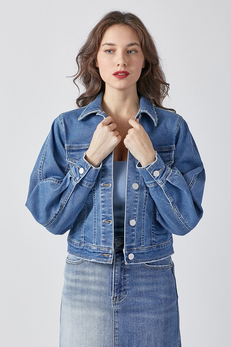 Reclaimed Vintage Inspired fitted balloon sleeve denim jacket in mid blue  wash | ASOS