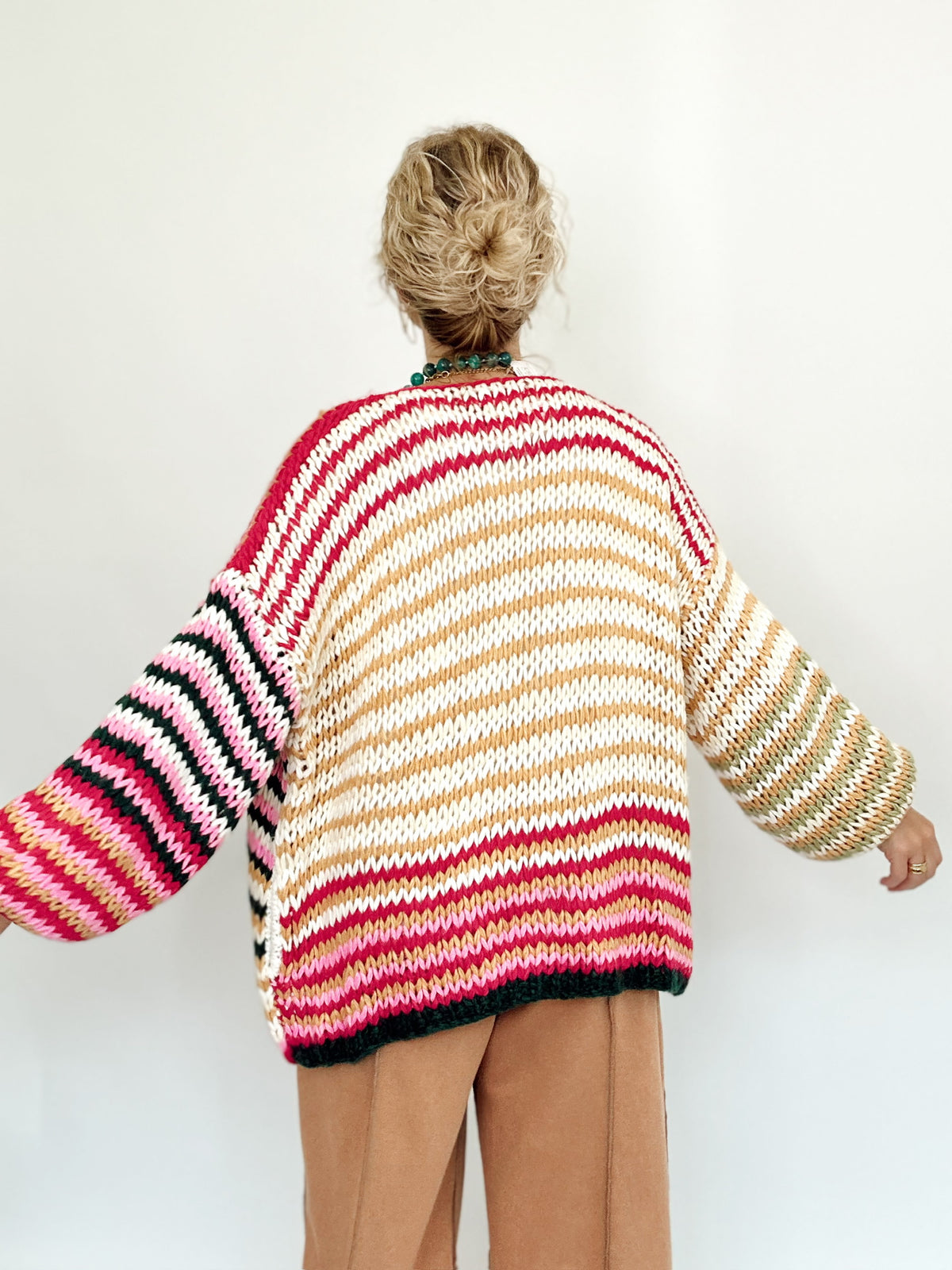 Kim Multi Stripe Chunky Knit Cardigan Cream
