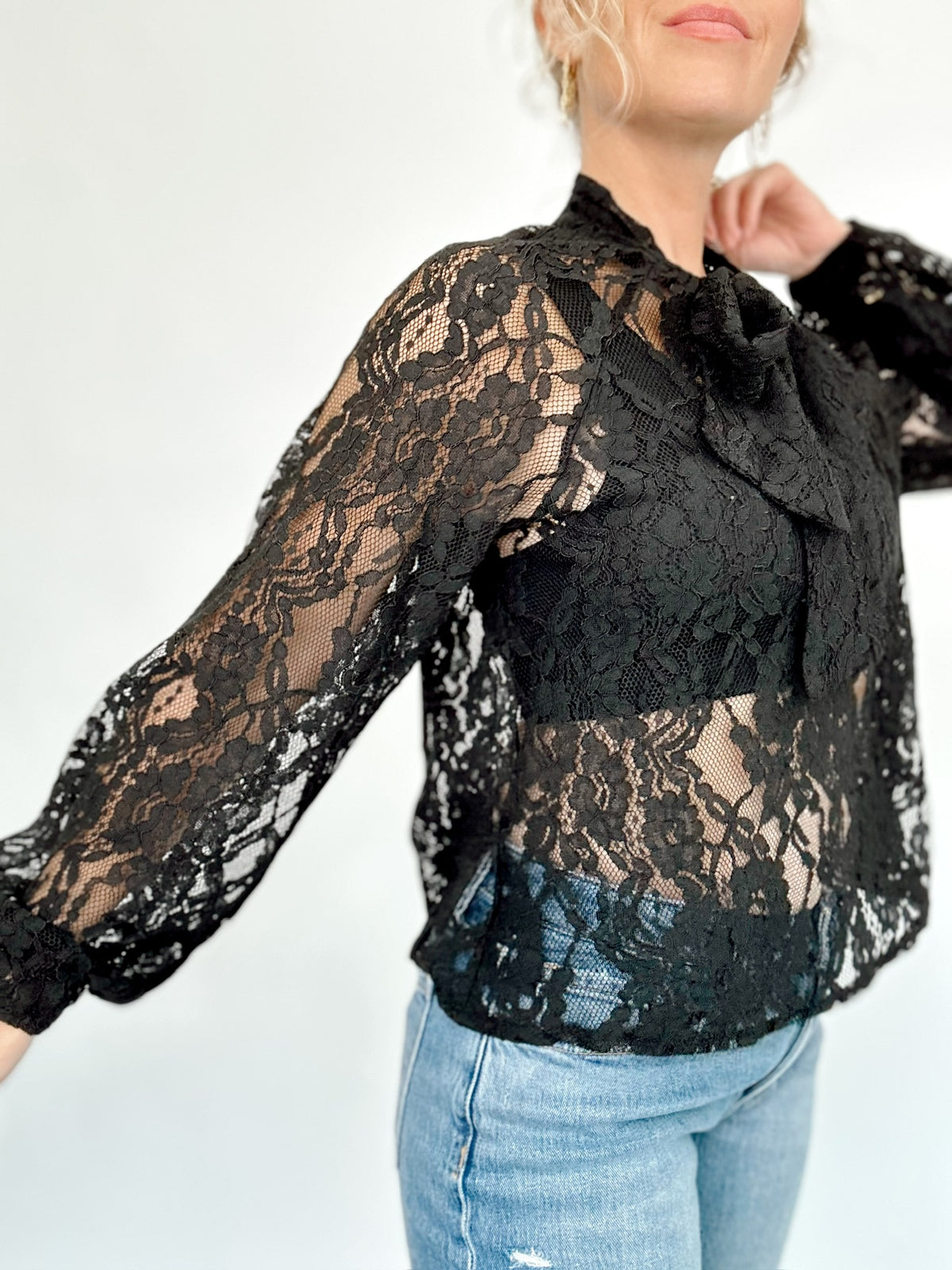 Juliet Sheer Lace Tie Neck Blouse Black