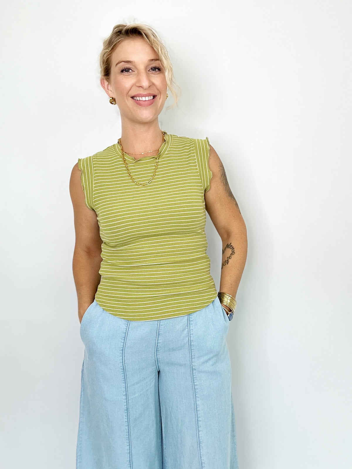 Jojo Stripe Ruffle Sleeve Top Avocado