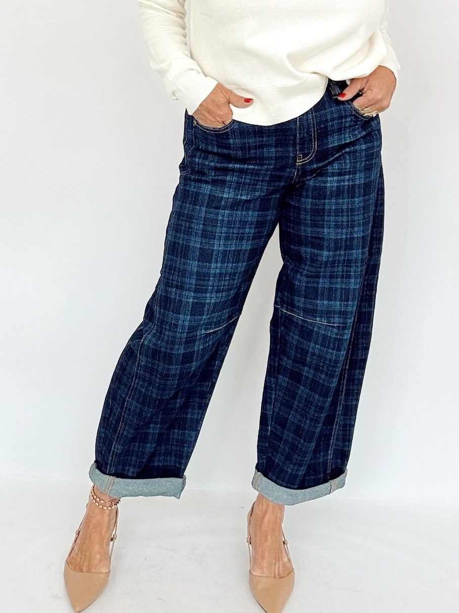 Alba Crop Barrel Cuffed Plaid Jeans