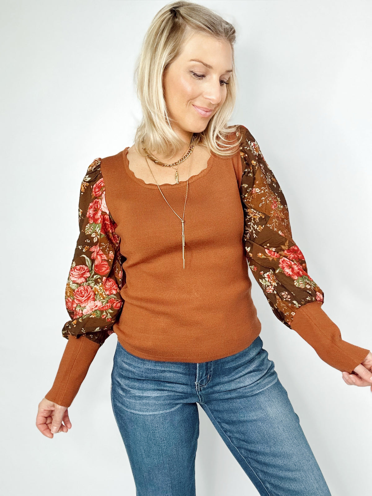 Gia Floral Chiffon Balloon Sleeves Knit Top