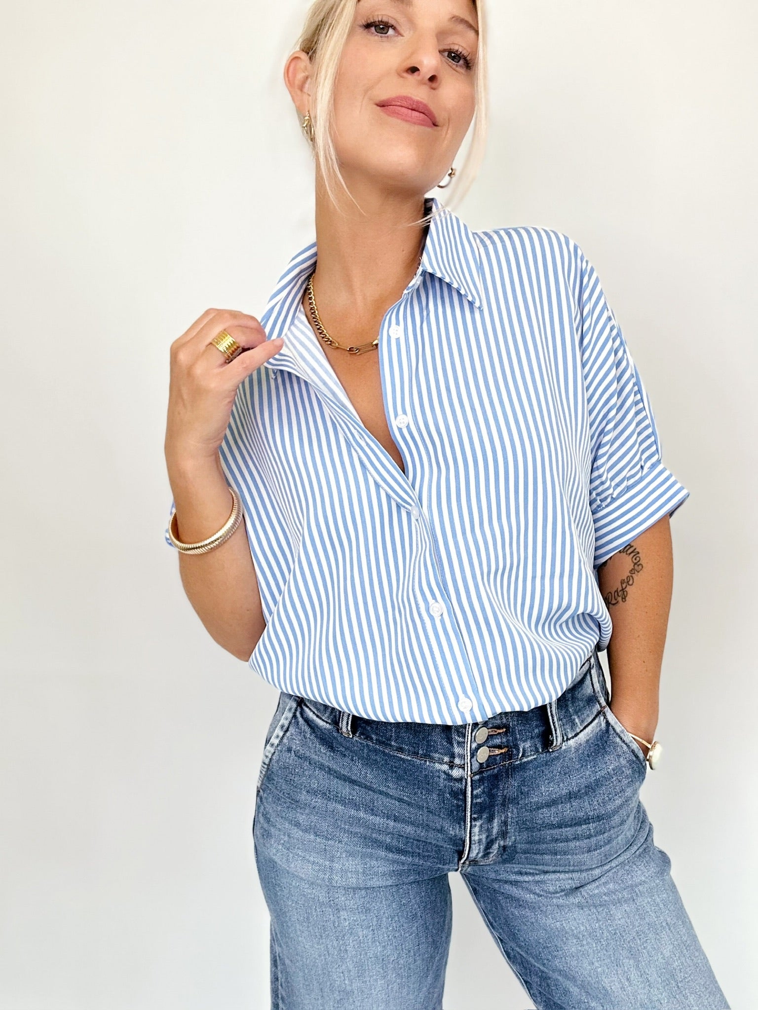 Ellen Button Down Stripe Shirt Blue