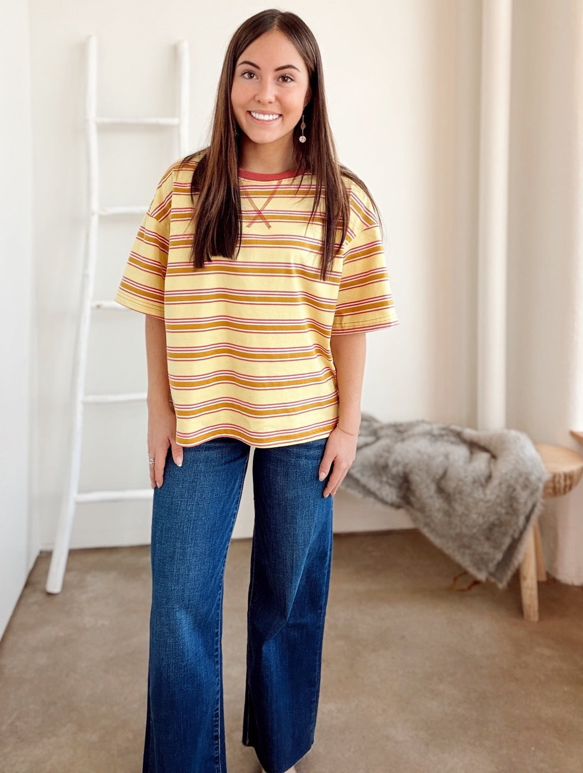 Thea Striped Relaxed Fit Knit Top Yellow