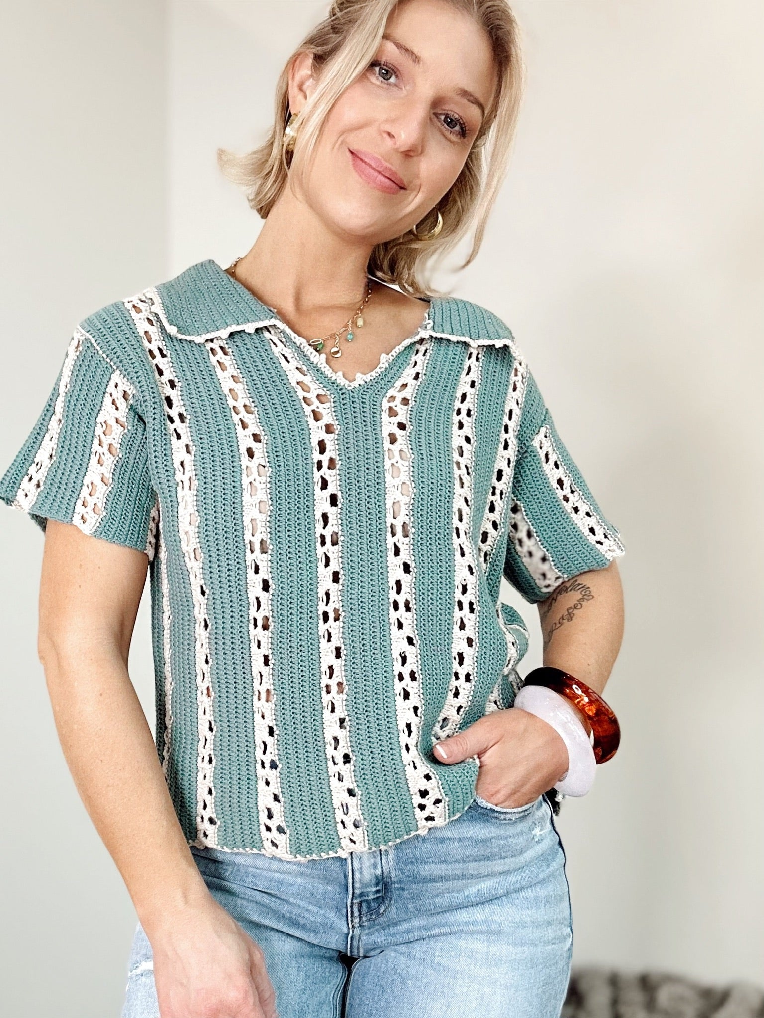 Talia Crochet Knit Top Jade