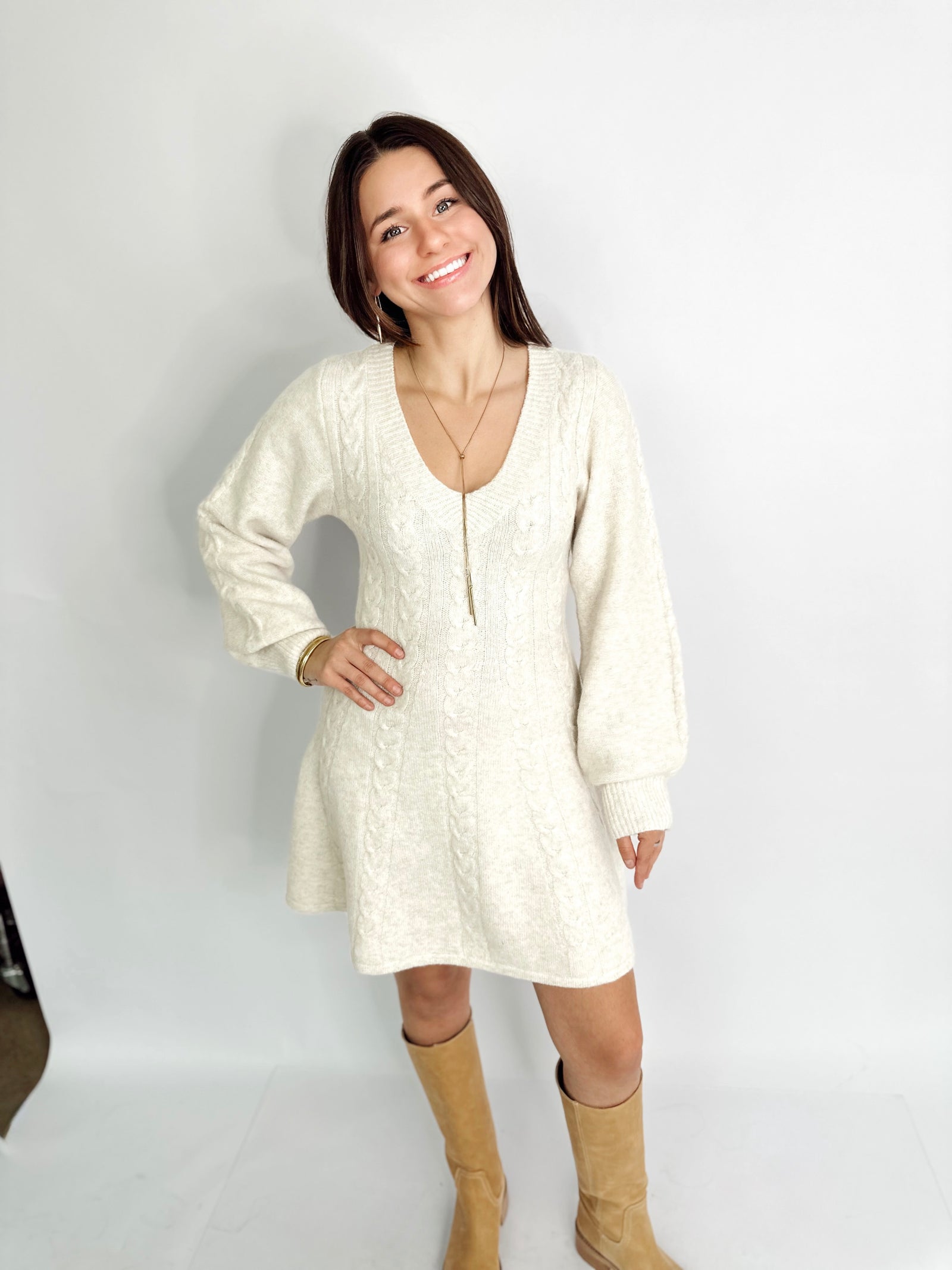 Anita Cable Knit Fit & Flare Mini Dress Oatmeal