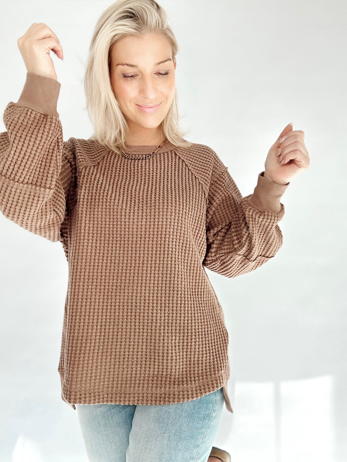 Tabitha Waffle Patch Detail Pullover Mocha