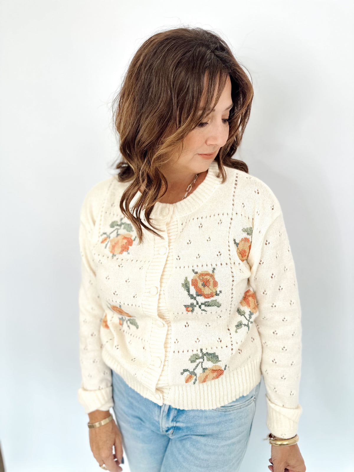 Joyce Floral Pointelle Knit Cardigan Ecru