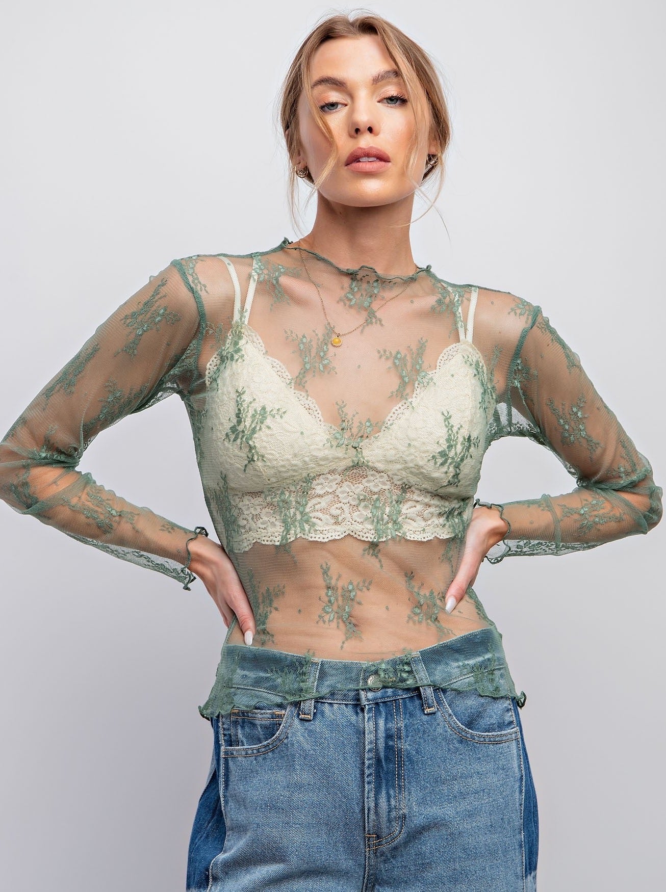 Lex Sheer Lace Top, Sage Green