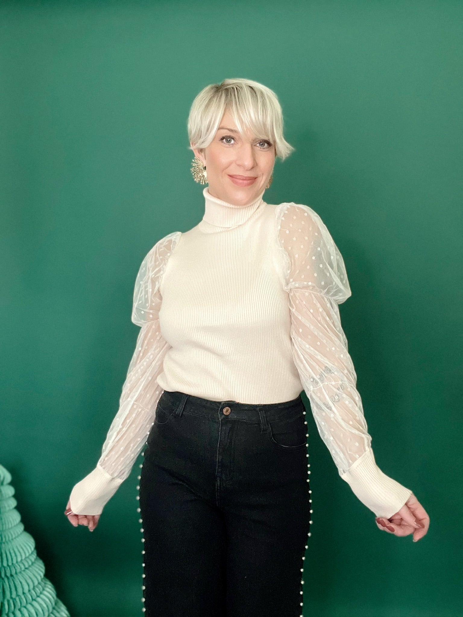 Essie Sheer Polka Dot Sleeve Turtle Neck Top