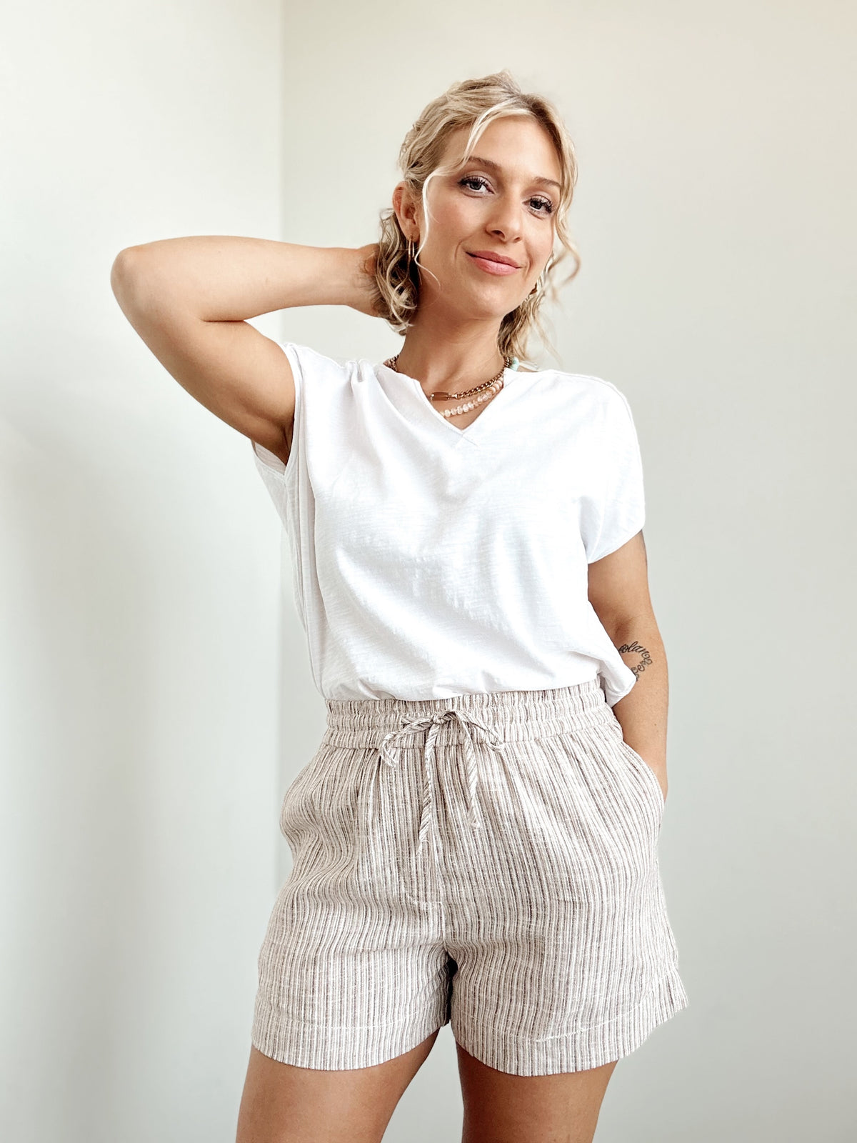 Desi Linen Blend Striped Shorts Brown