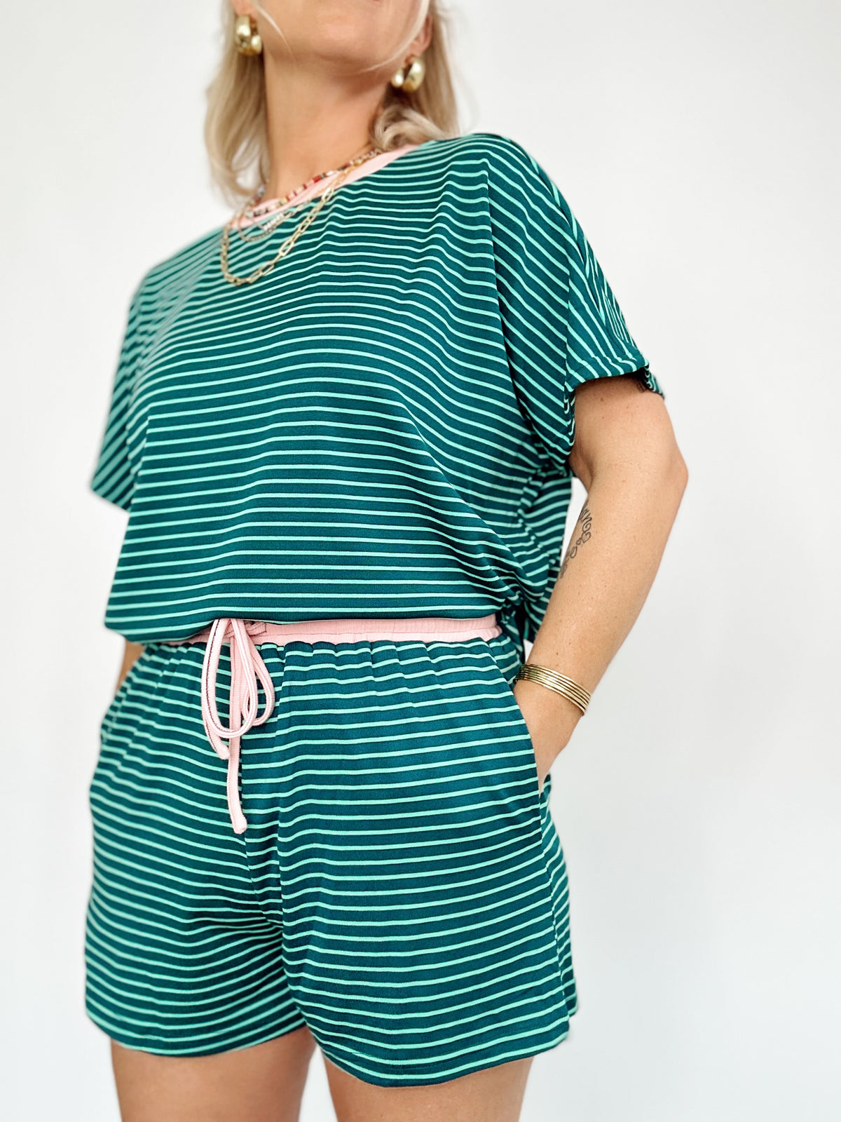 Annie Striped Tee &amp; Short Set Green