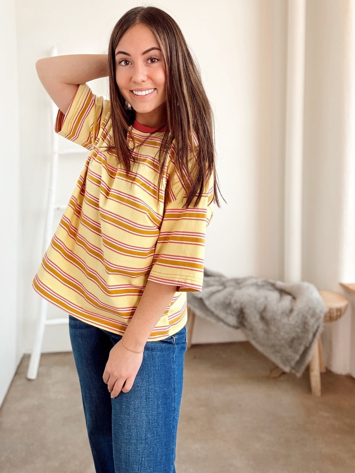 Thea Striped Relaxed Fit Knit Top Yellow