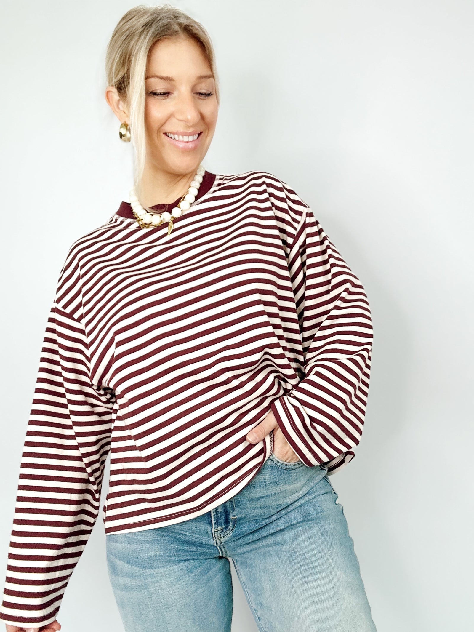 Brielle Striped Contrast Top Burgundy Multi