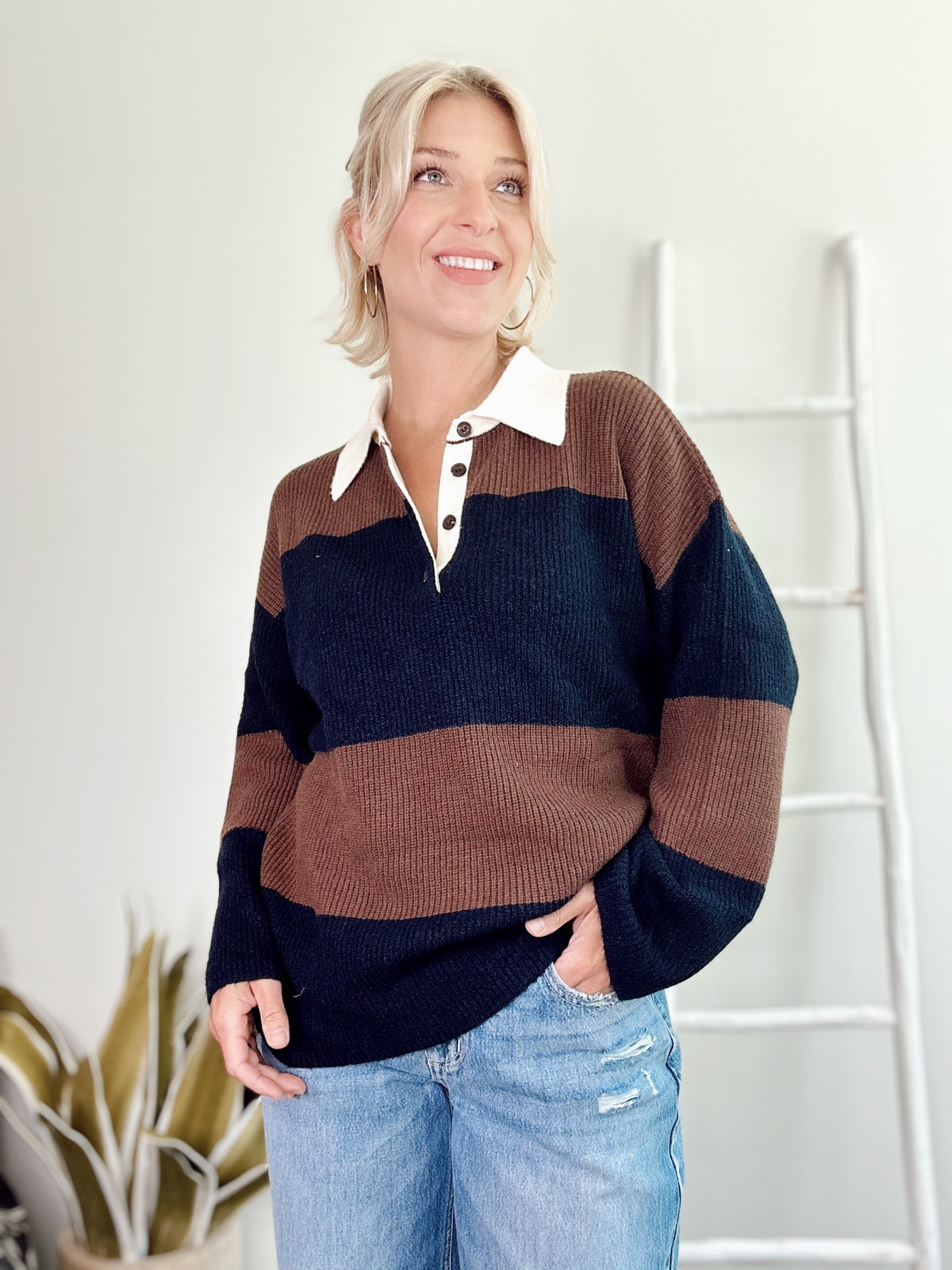 Maddy Wide Stripe Polo Sweater Navy