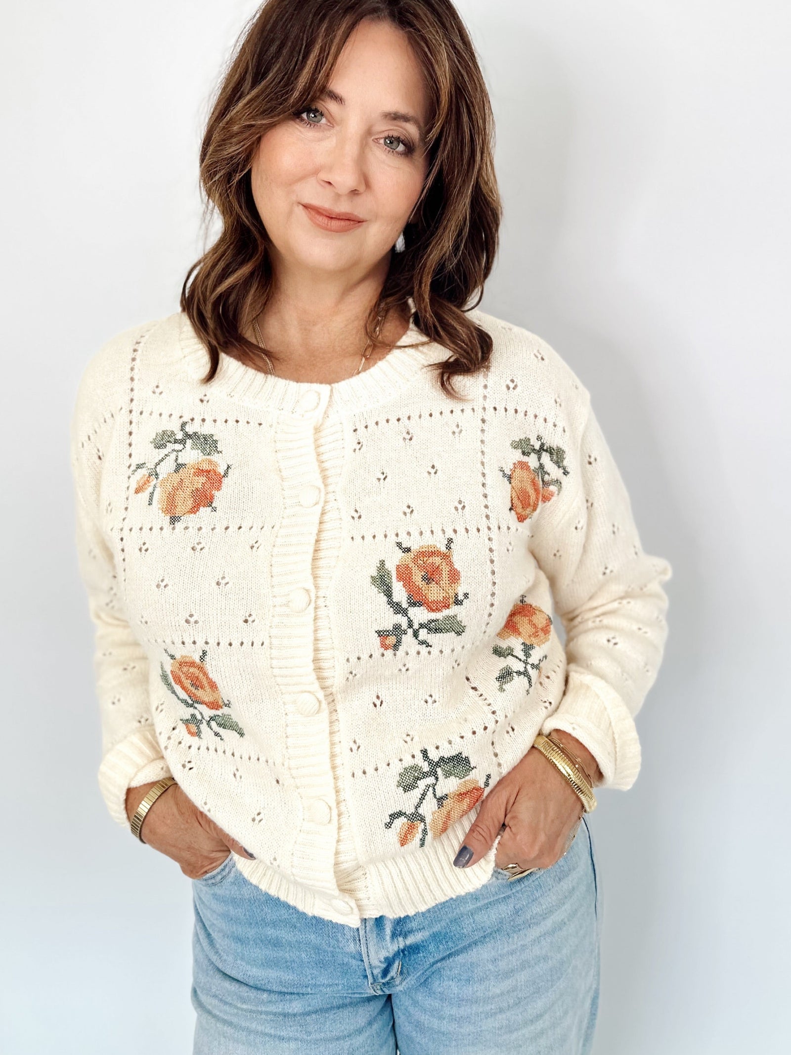 Joyce Floral Pointelle Knit Cardigan Ecru