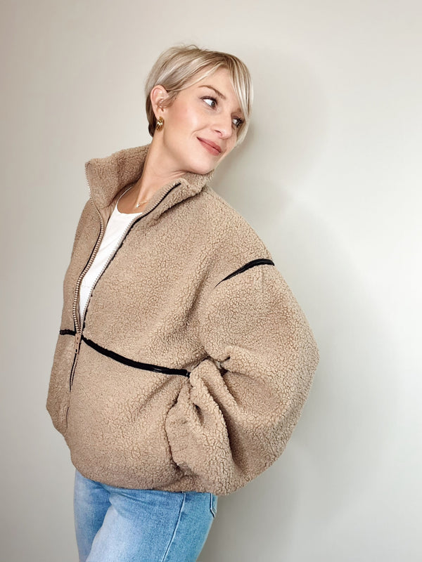 Klaire Faux Leather Trimmed Sherpa Fleece Jacket - Shanty Boutique