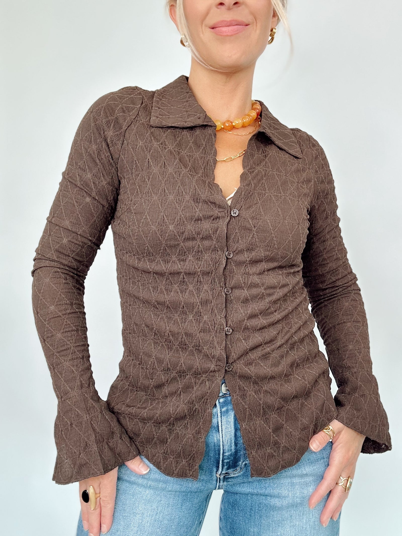 Paula Textured Button Up Collared Top Chestnut