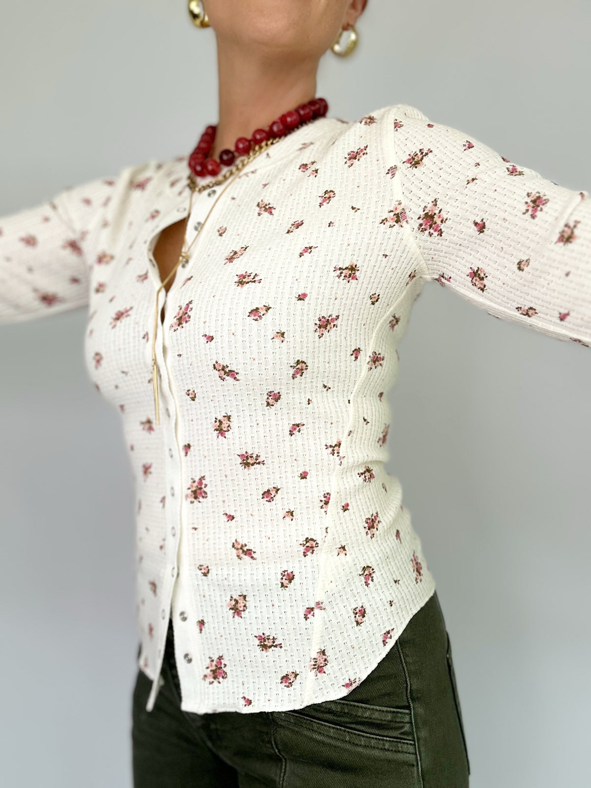 Ruth Floral Snap Front Waffle Top