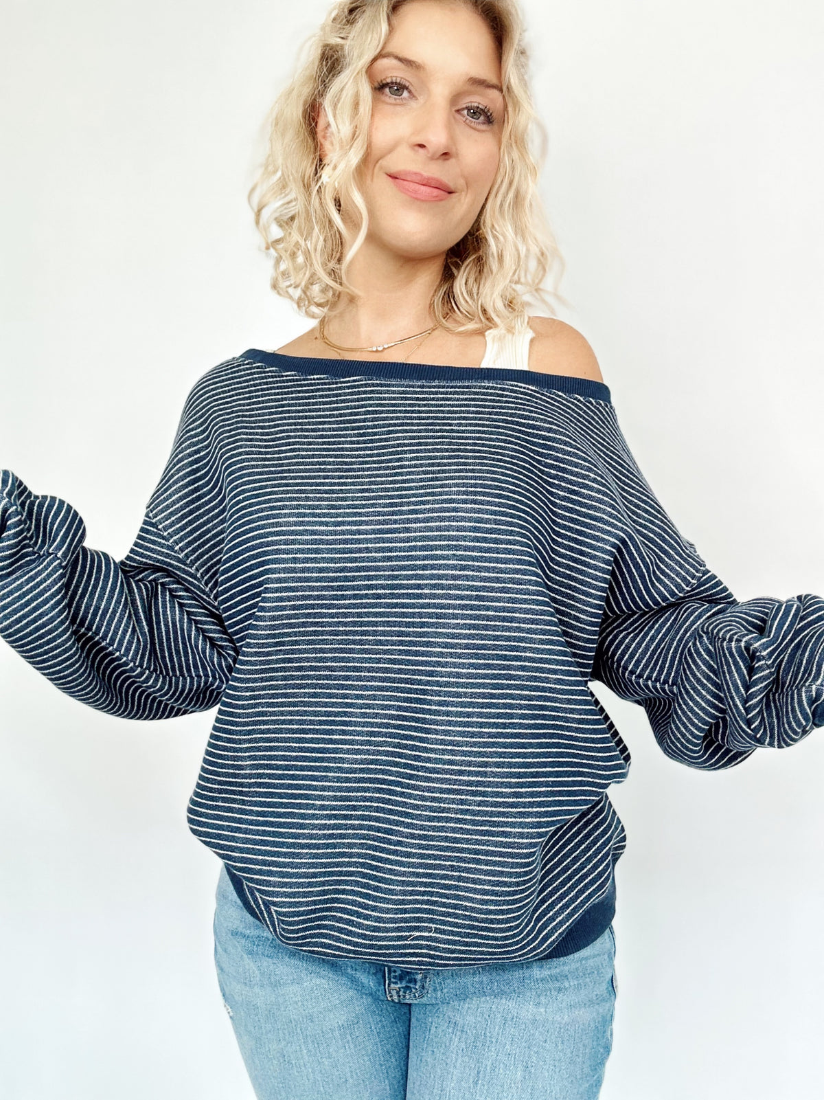 Jolene Striped Off The Shoulder Sweatshirt Navy