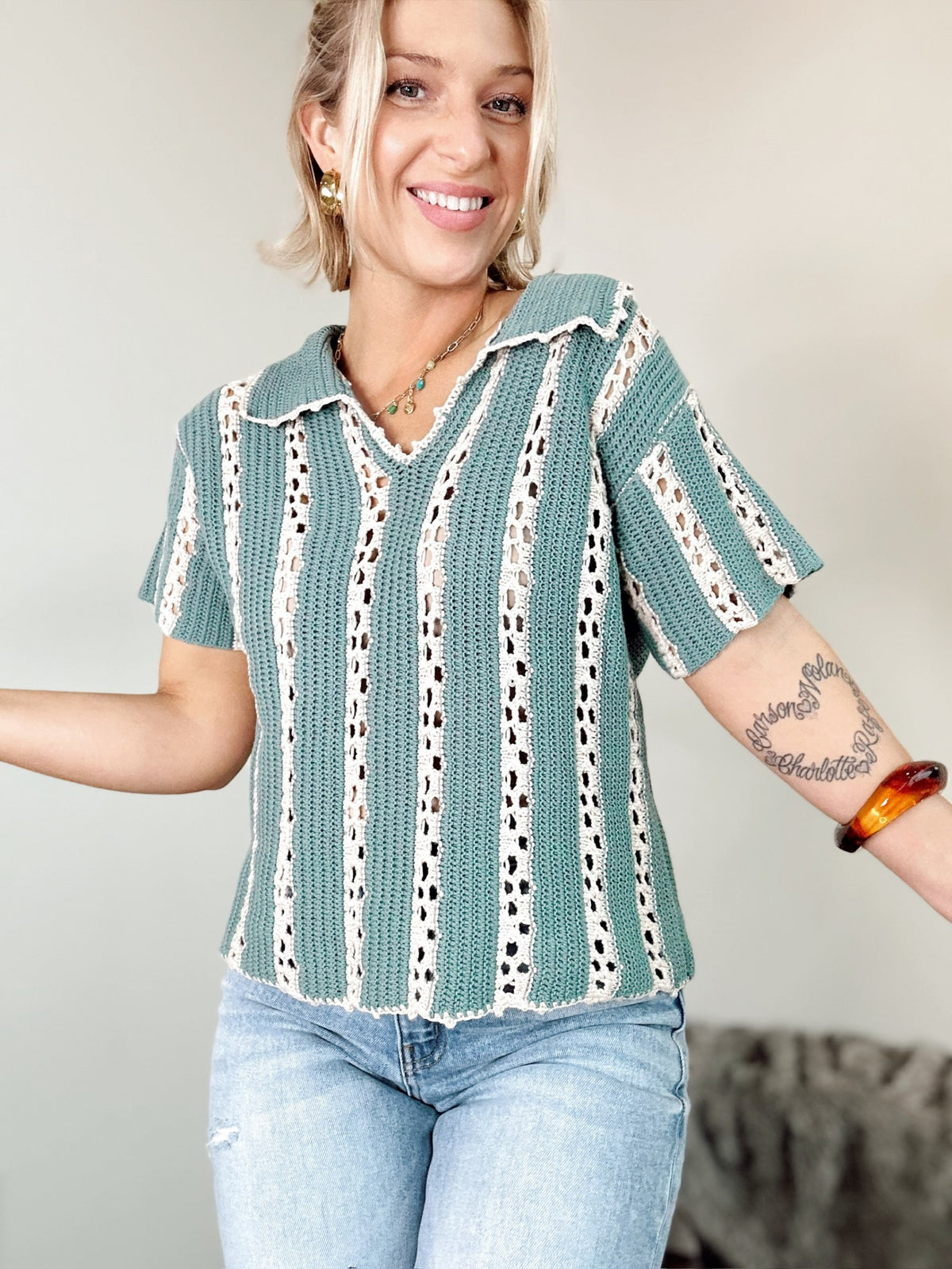 Talia Crochet Knit Top Jade