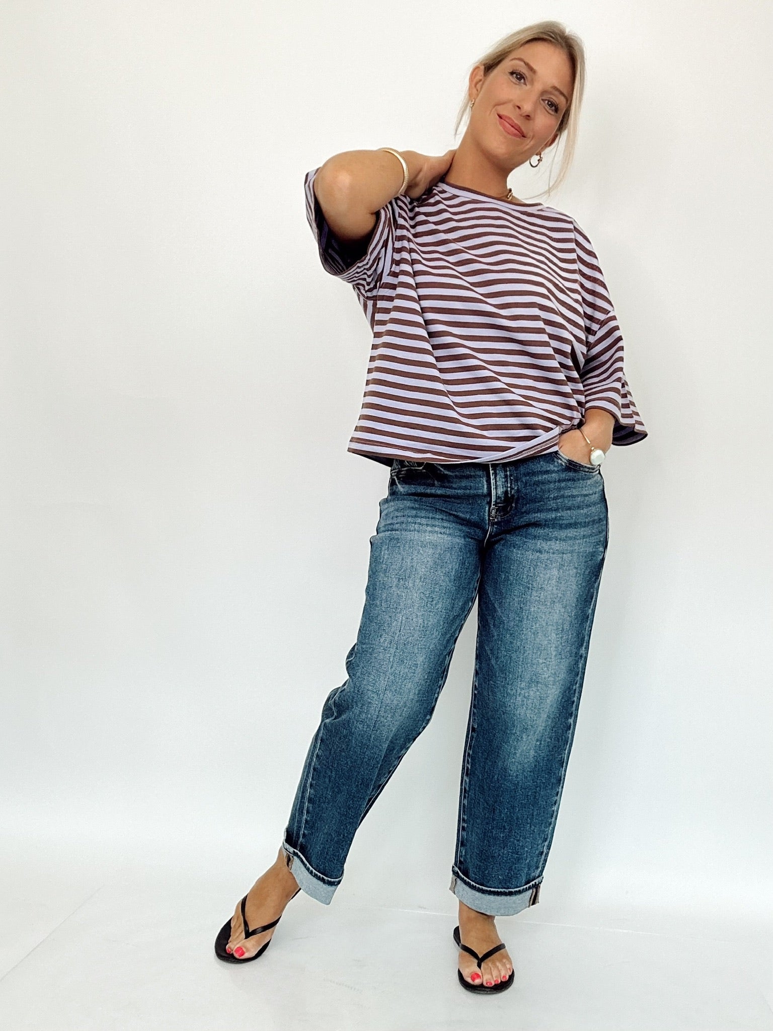 Vivian Stripe Oversized Boyfriend Tee Violet
