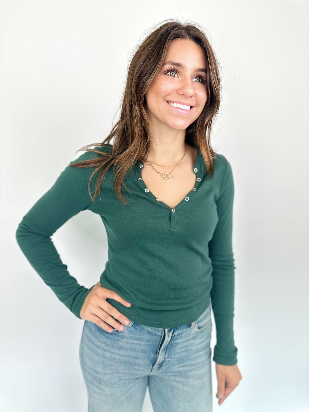 Ivy Long Sleeve Henley Top Dark Green