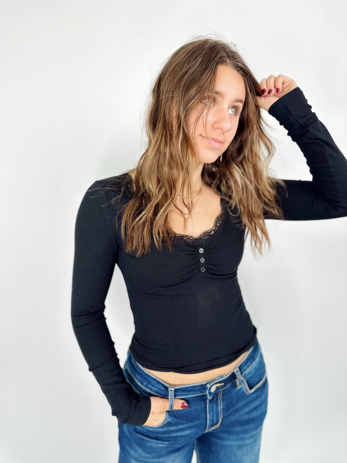 Parker Lace Trim Knit Top Black