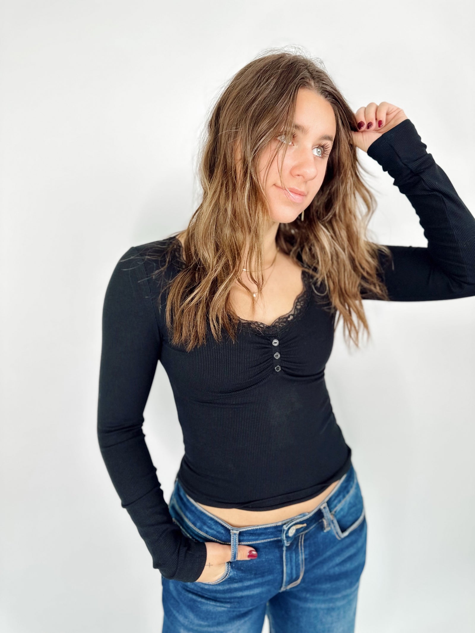Parker Lace Trim Knit Top Black