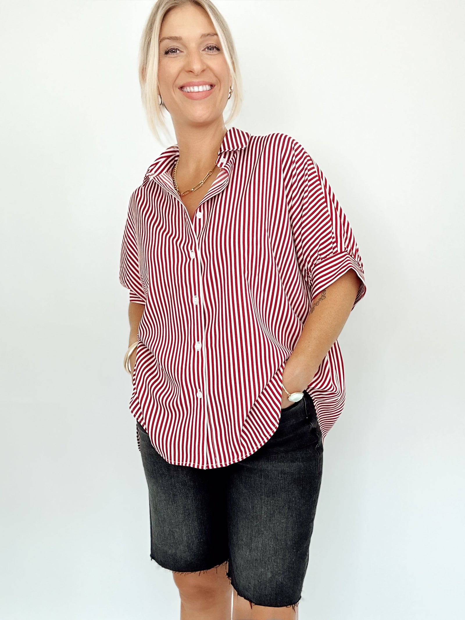 Ellen Button Down Stripe Shirt Red