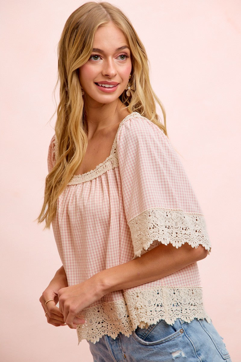 Ginger Gingham &amp; Lace Top Blush