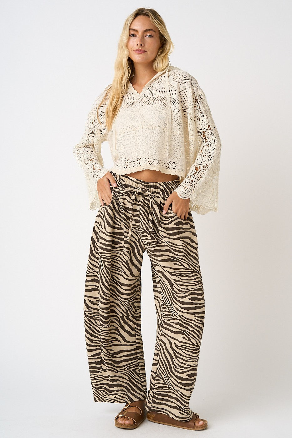 Lou Zebra Print Barrel Leg Pants Brown/Beige